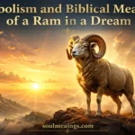 A ram with curved horns standing on a mountain during sunrise.