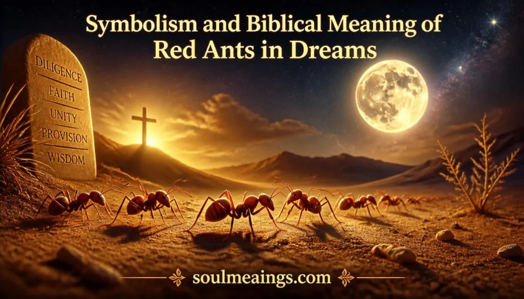Red ants appearing in a symbolic dream landscape at night.