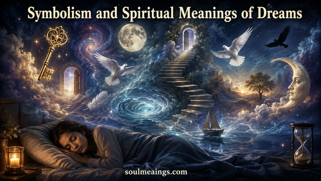 Symbolic dream imagery floating above a sleeping person at night.