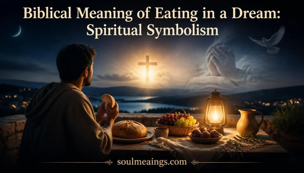 Person eating symbolic food in a dreamlike spiritual setting.