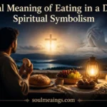 Person eating symbolic food in a dreamlike spiritual setting.