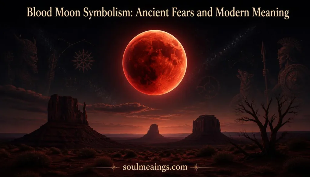 A red Blood Moon during a lunar eclipse over a dark landscape.