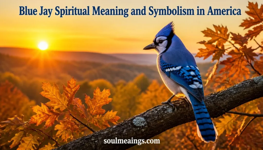 Bright blue jay sitting on a tree branch in morning light.