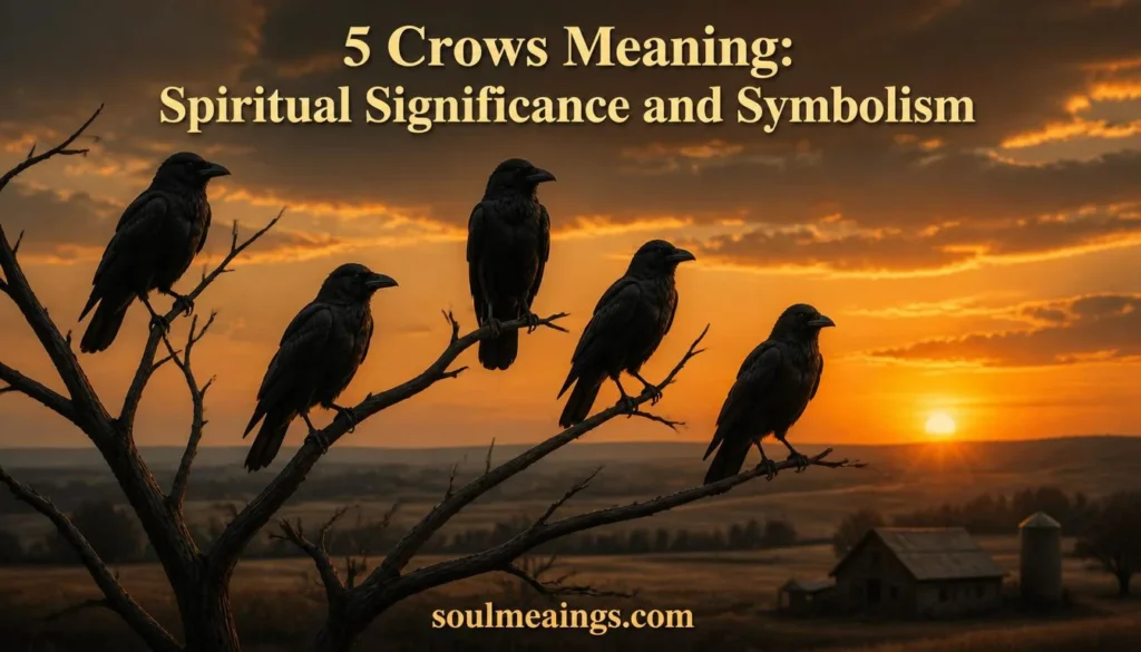 Five black crows sitting on tree branches during sunset.