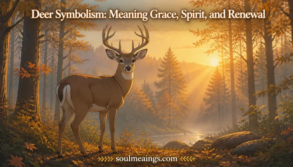 A deer standing peacefully in a forest during sunrise.