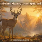 A deer standing peacefully in a forest during sunrise.