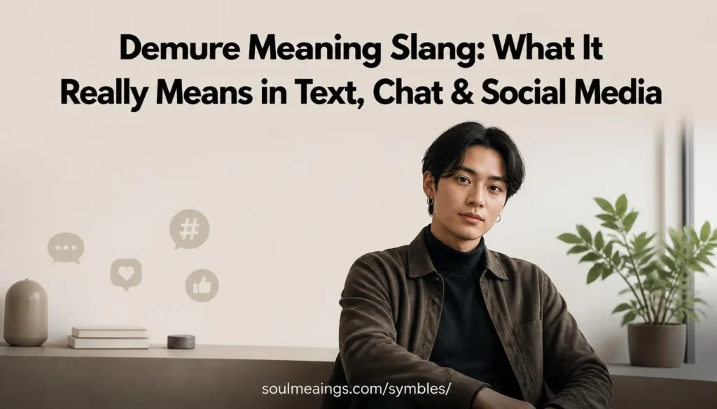 Demure meaning slang explained through a stylish composed social-media-inspired scene.