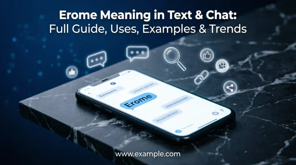 Erome meaning in text and chat shown through a smartphone conversation and digital communication symbols.