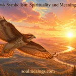 A hawk soaring through the sky at sunrise over mountains and forests.