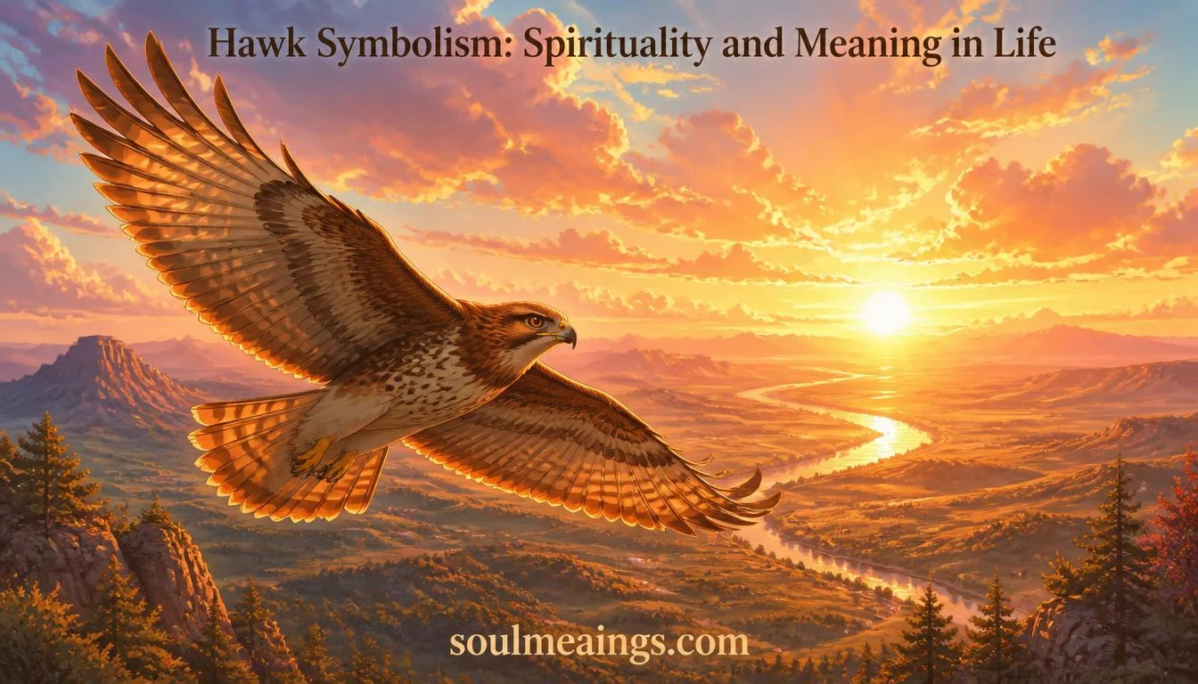 A hawk soaring through the sky at sunrise over mountains and forests.