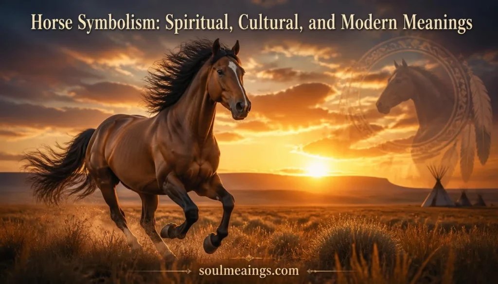 A brown horse running freely across open grasslands during sunset.