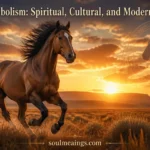 A brown horse running freely across open grasslands during sunset.