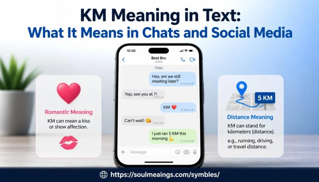 KM meaning in text explained through a smartphone chat showing different meanings of the abbreviation.