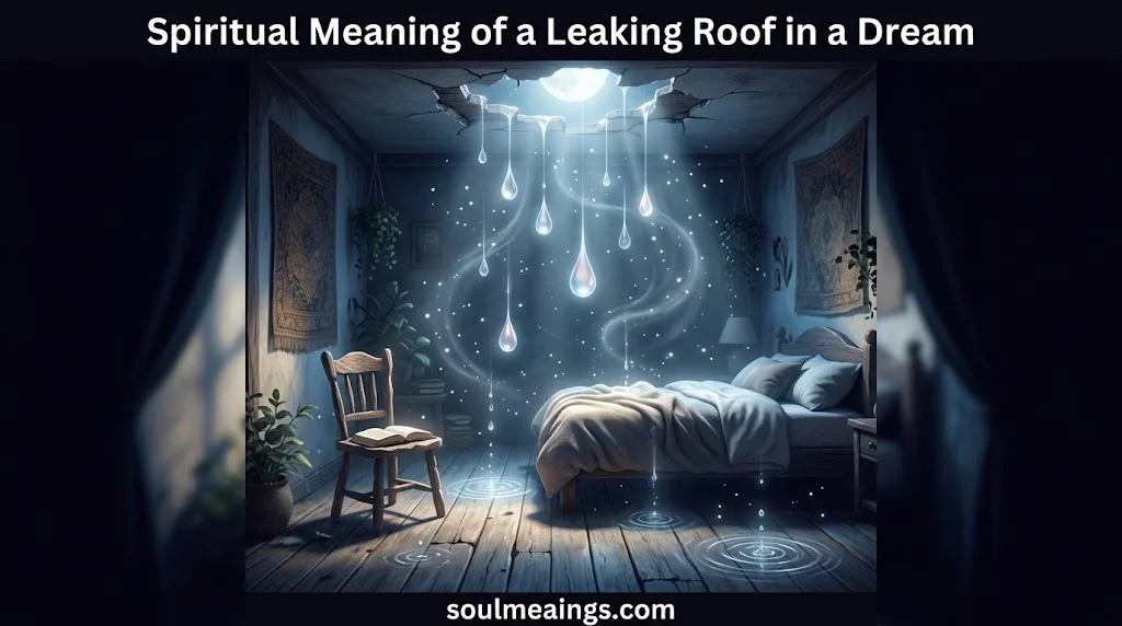 Rain leaking through a damaged roof during a dreamlike nighttime scene.