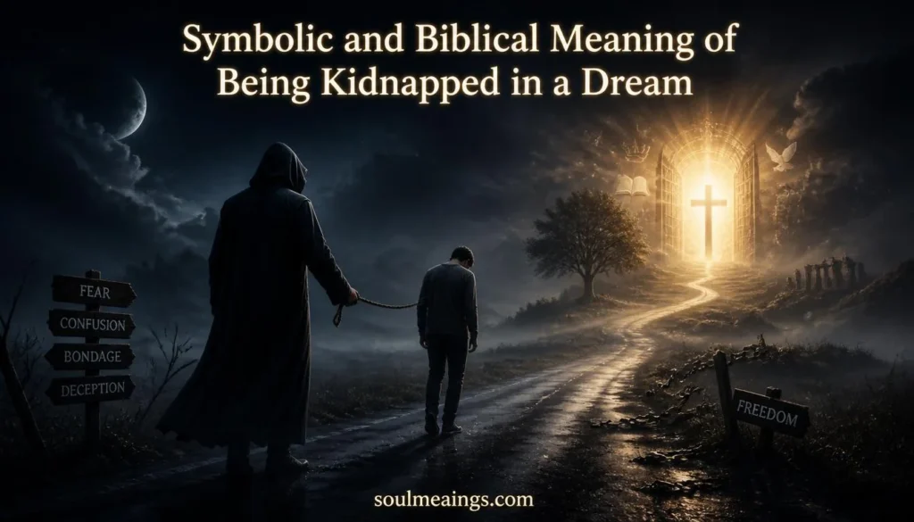 Symbolic illustration of a person being kidnapped in a dream with spiritual imagery.