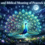 A peacock with open feathers in a mystical dream landscape.