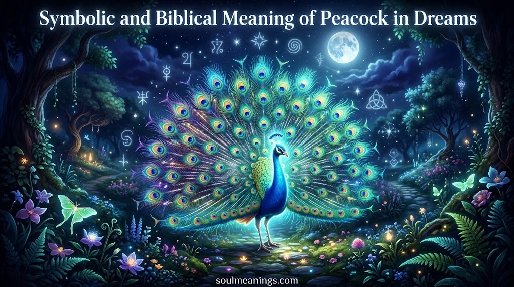 A peacock with open feathers in a mystical dream landscape.
