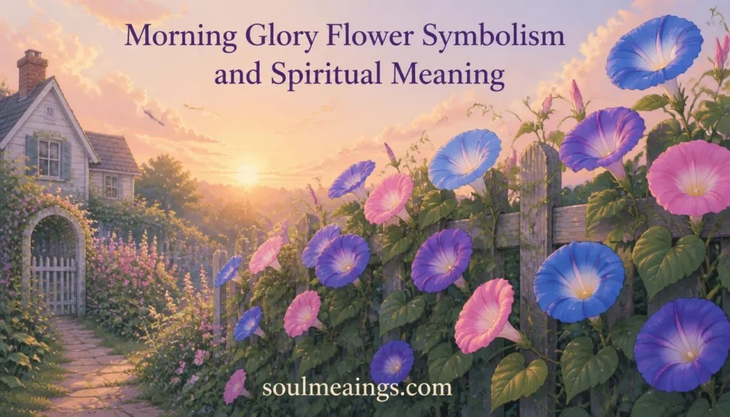 Blue and purple morning glory flowers blooming in morning sunlight on a garden vine.