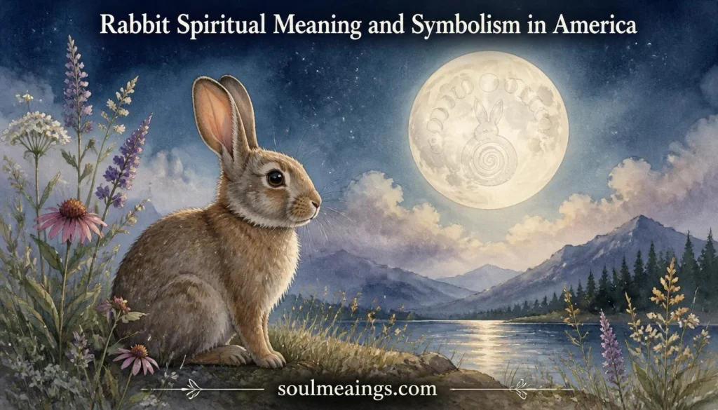 A calm rabbit under the moon surrounded by flowers and tall grass.