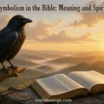 A black raven sitting near an open Bible during sunrise.