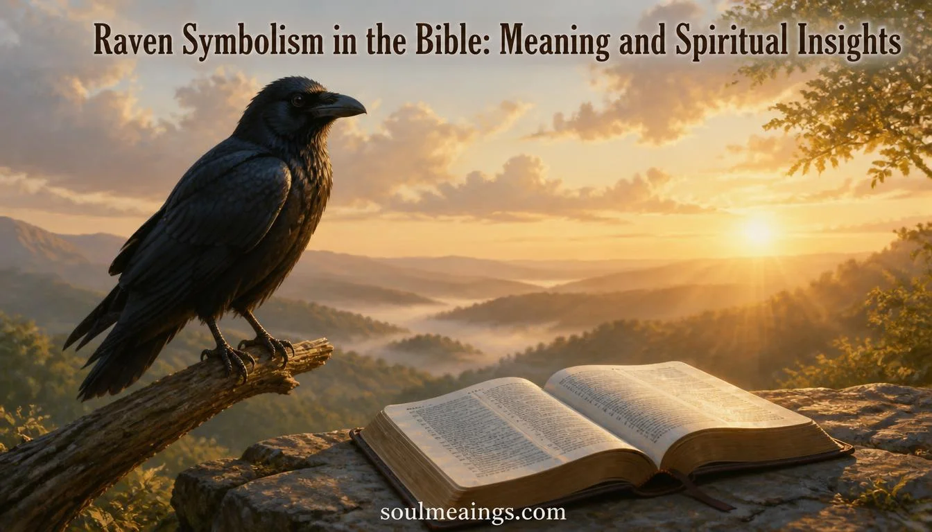 A black raven sitting near an open Bible during sunrise.