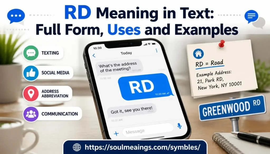 RD meaning in text full form uses and examples shown on a smartphone