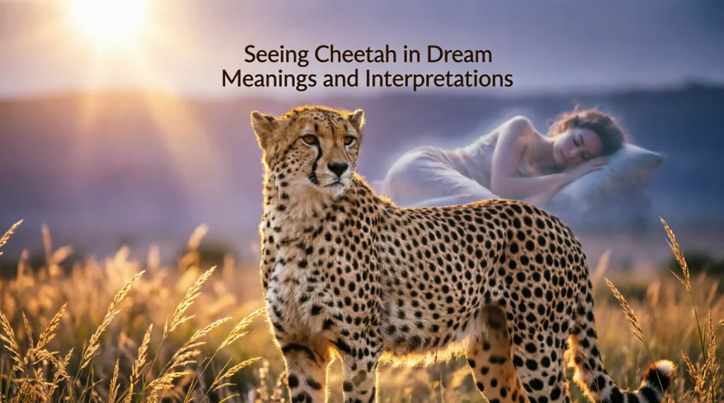 A cheetah appearing in a dreamlike landscape at sunset.