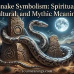 A symbolic snake coiled beside ancient and modern cultural symbols.