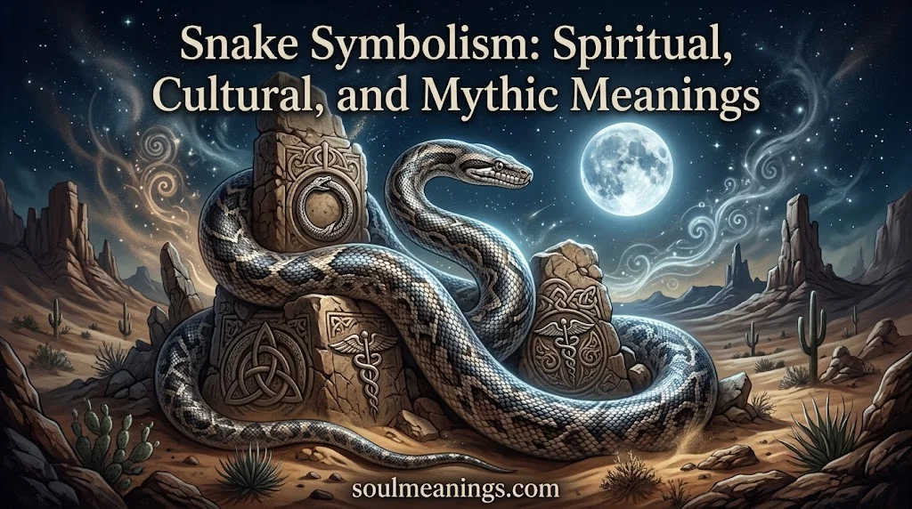 A symbolic snake coiled beside ancient and modern cultural symbols.