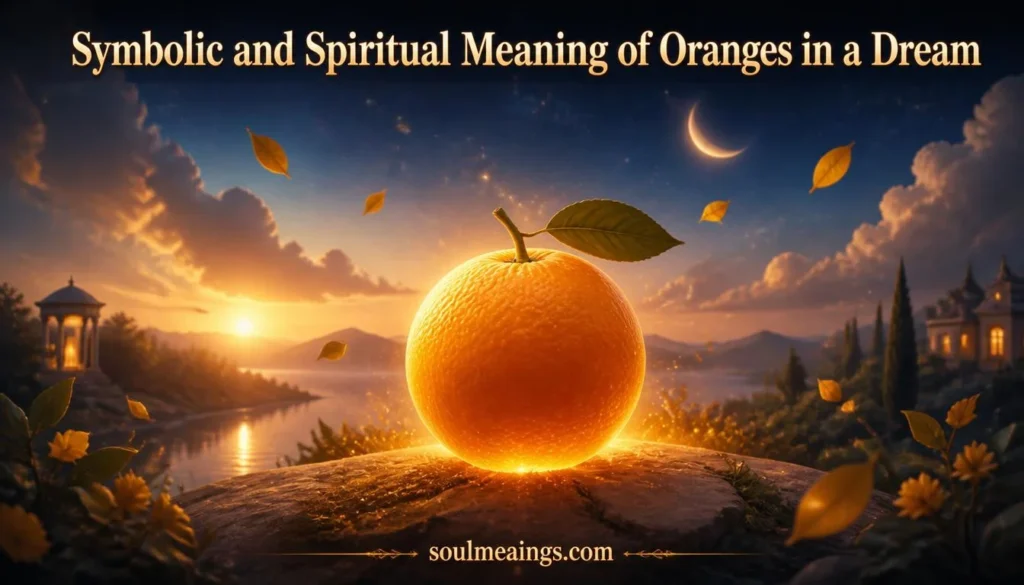 Bright oranges appearing in a symbolic dream setting with warm light.