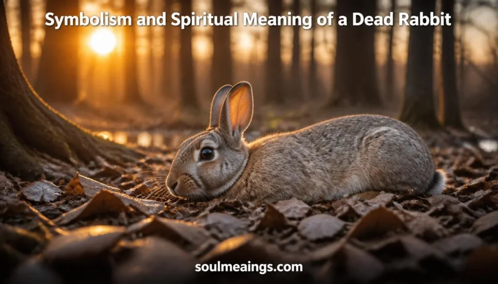 A dead rabbit lying peacefully in a forest clearing surrounded by autumn leaves.