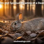 A dead rabbit lying peacefully in a forest clearing surrounded by autumn leaves.
