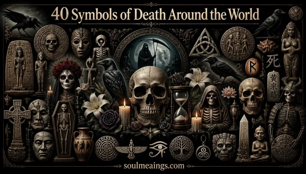 Artistic collection of worldwide symbols associated with death and remembrance.