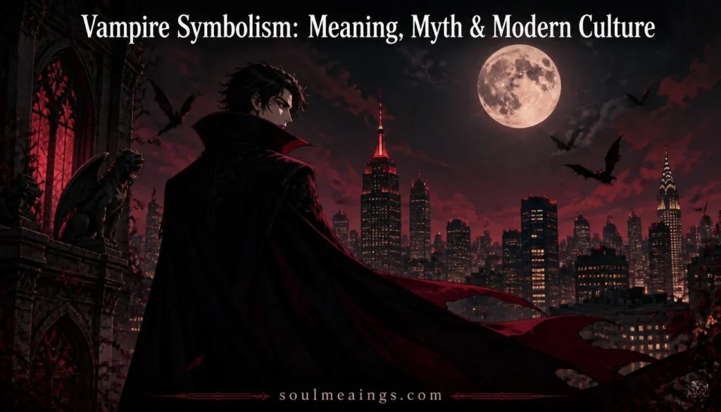Gothic vampire beneath a full moon overlooking a modern city skyline.