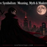 Gothic vampire beneath a full moon overlooking a modern city skyline.
