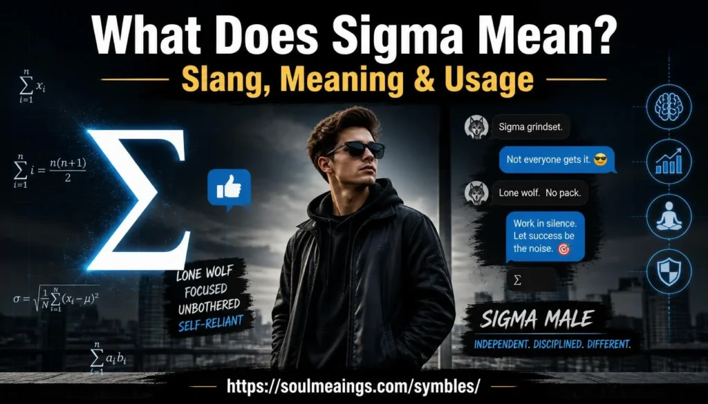 Sigma slang meaning and usage shown with a confident man, Greek letter, social media symbols, and mathematical notation.
