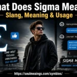 Sigma slang meaning and usage shown with a confident man, Greek letter, social media symbols, and mathematical notation.