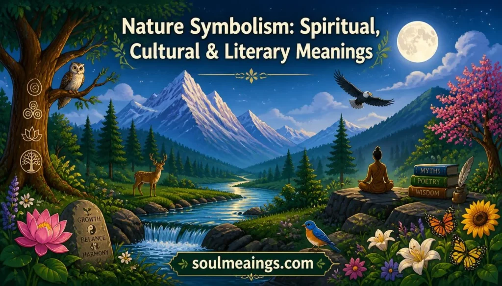 Symbolic natural landscape with trees, mountains, water, and wildlife.