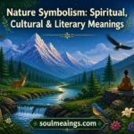 Symbolic natural landscape with trees, mountains, water, and wildlife.