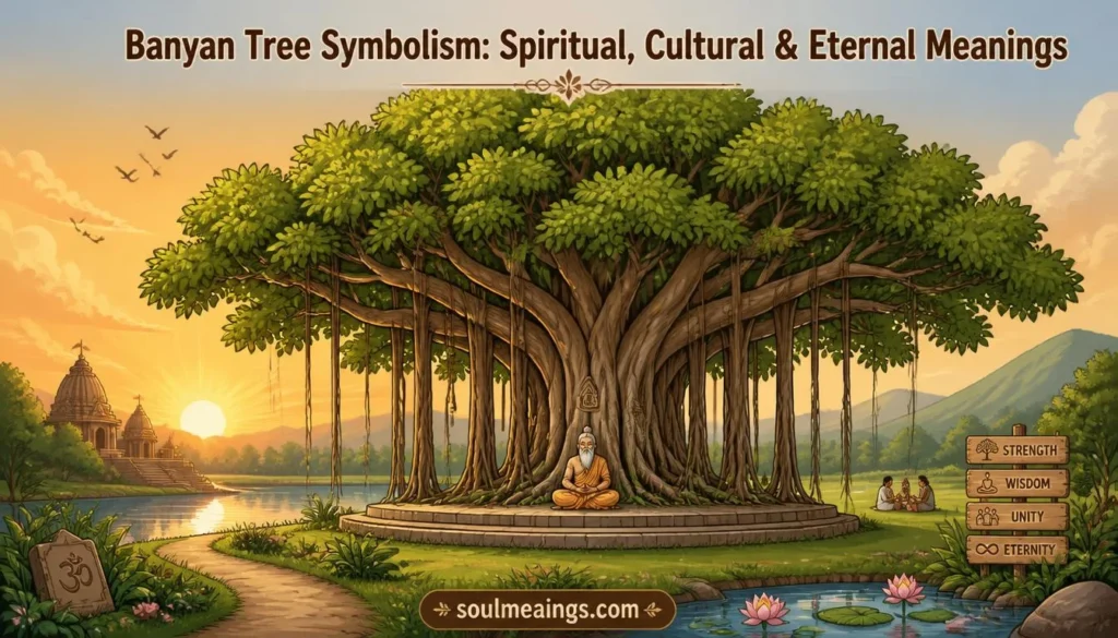 Large banyan tree with wide branches and hanging aerial roots.