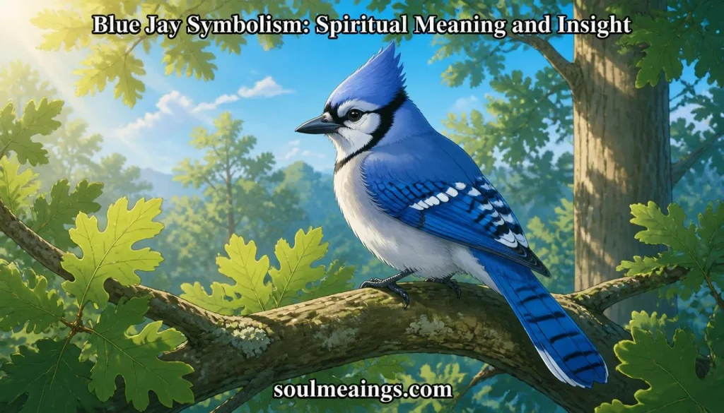 A bright blue jay perched on an oak branch in a sunlit woodland.