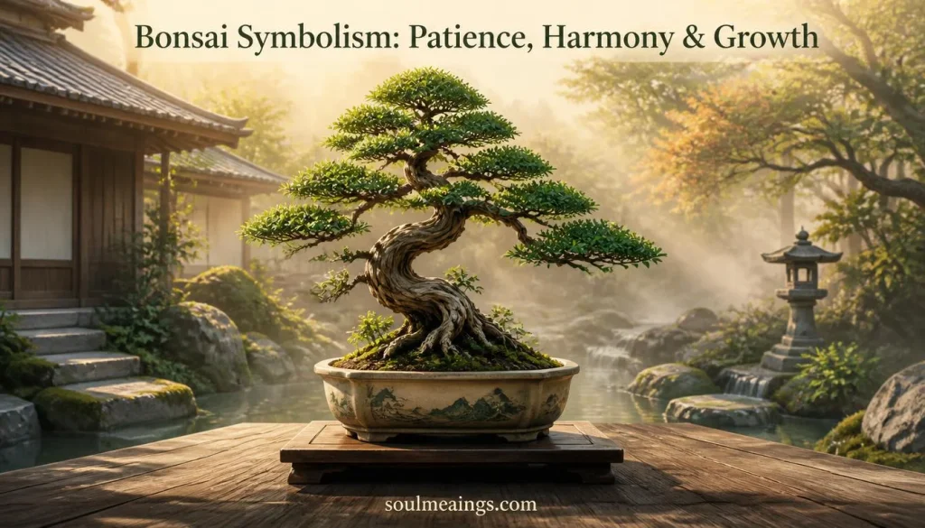 A carefully shaped green bonsai tree in a ceramic pot, symbolizing patience, harmony, and spiritual growth.