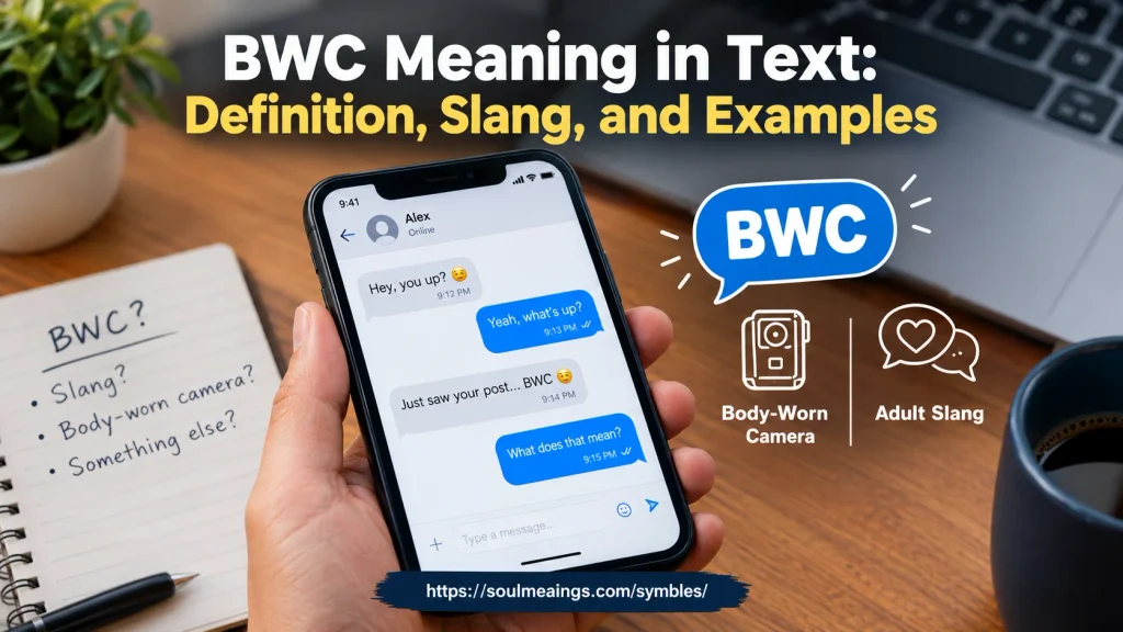 BWC meaning in text explained with a smartphone messaging conversation and illustrations of adult slang and body-worn cameras.