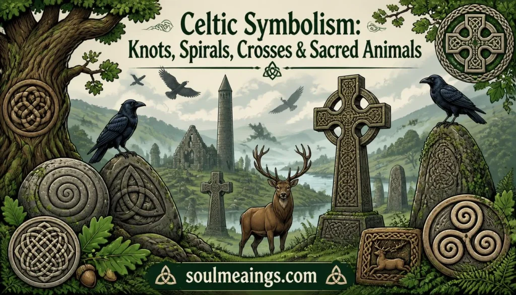 Celtic symbols including knots, spirals, a Celtic cross, animals, and sacred trees.