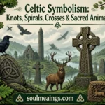 Celtic symbols including knots, spirals, a Celtic cross, animals, and sacred trees.