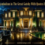 Colorful symbolic imagery inspired by The Great Gatsby featuring green light, gold parties, and white clothing.