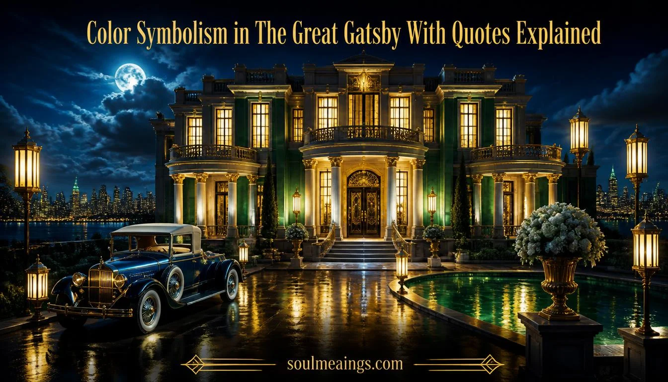 Colorful symbolic imagery inspired by The Great Gatsby featuring green light, gold parties, and white clothing.