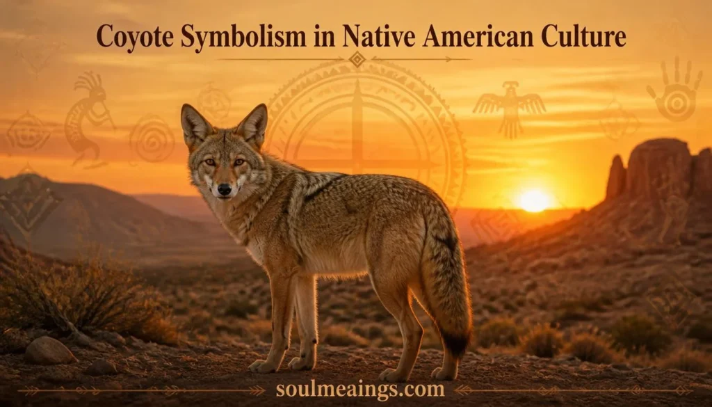 A coyote in a desert landscape at sunset with symbolic Native-inspired patterns.