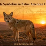 A coyote in a desert landscape at sunset with symbolic Native-inspired patterns.