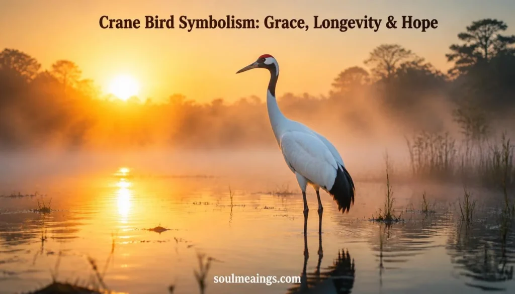 White crane bird standing in water during sunrise.